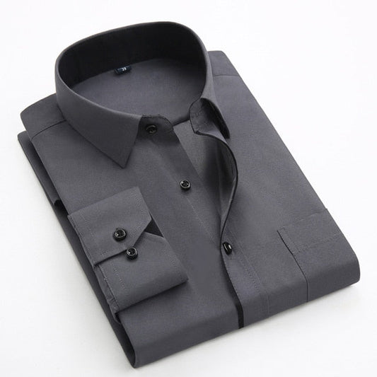 flowersverse Men's Classic Shirts Black bars long sleeve dress shirt pocket Solid color Wild men Business cassual shirt slim fit
