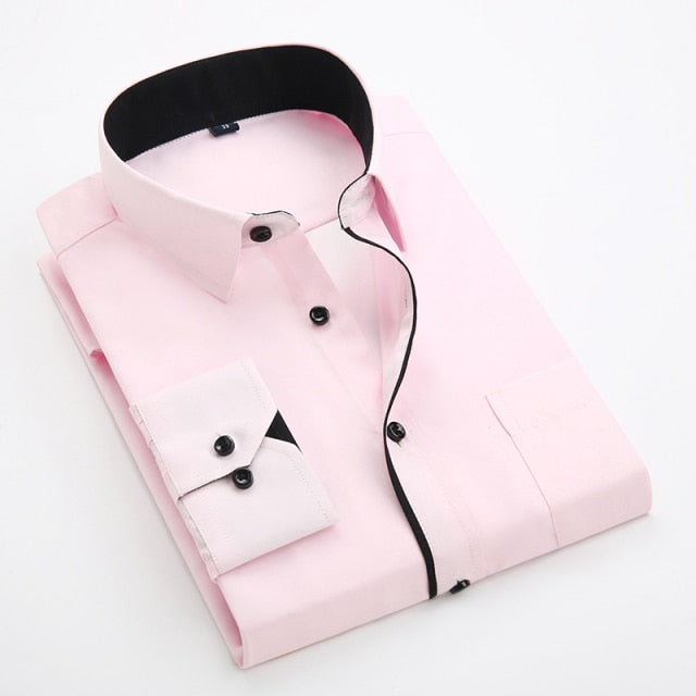 flowersverse Men's Classic Shirts Black bars long sleeve dress shirt pocket Solid color Wild men Business cassual shirt slim fit