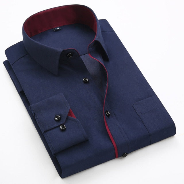 flowersverse Men's Classic Shirts Black bars long sleeve dress shirt pocket Solid color Wild men Business cassual shirt slim fit