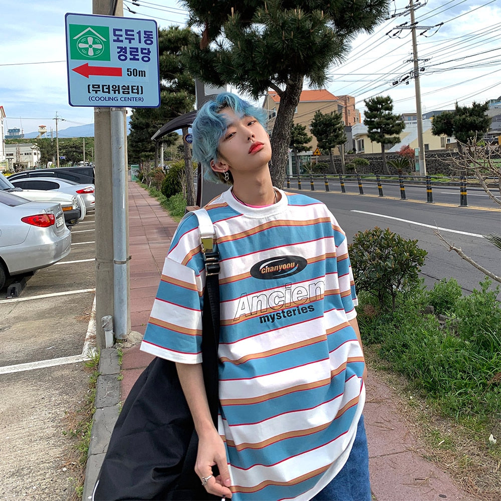 flowersverse Striped Contrast Short Sleeve T-Shirt Men's Trendy Summer Street Hip Hop Loose Retro Couple Tops Personality Cotton Half Sleeve