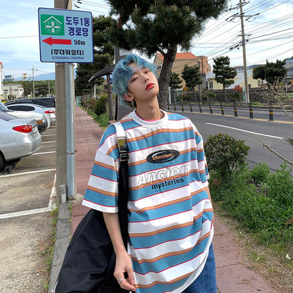 flowersverse Striped Contrast Short Sleeve T-Shirt Men's Trendy Summer Street Hip Hop Loose Retro Couple Tops Personality Cotton Half Sleeve