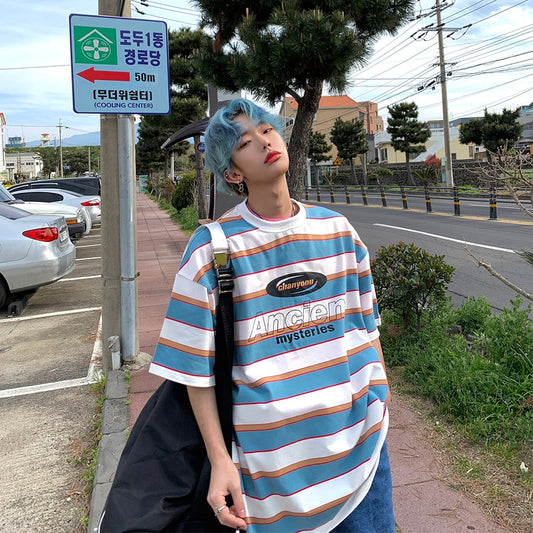 flowersverse Striped Contrast Short Sleeve T-Shirt Men's Trendy Summer Street Hip Hop Loose Retro Couple Tops Personality Cotton Half Sleeve