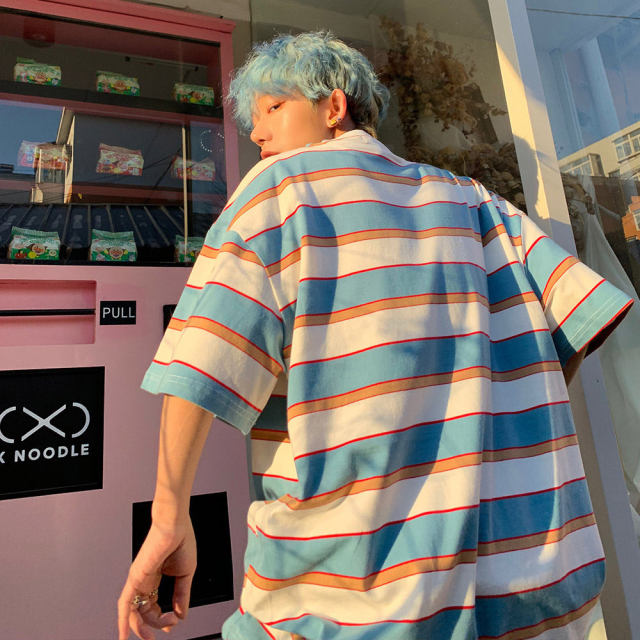 flowersverse Striped Contrast Short Sleeve T-Shirt Men's Trendy Summer Street Hip Hop Loose Retro Couple Tops Personality Cotton Half Sleeve