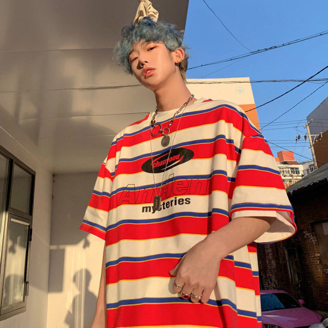 flowersverse Striped Contrast Short Sleeve T-Shirt Men's Trendy Summer Street Hip Hop Loose Retro Couple Tops Personality Cotton Half Sleeve