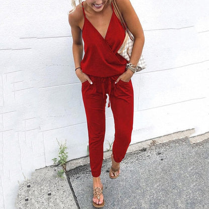 Summer Women Holiday Casual Sleeveless Jumpsuits Fashion Ladies Solid Color Bodysuit Wide Leg Loose Long Pants Trousers