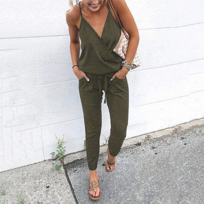 Summer Women Holiday Casual Sleeveless Jumpsuits Fashion Ladies Solid Color Bodysuit Wide Leg Loose Long Pants Trousers