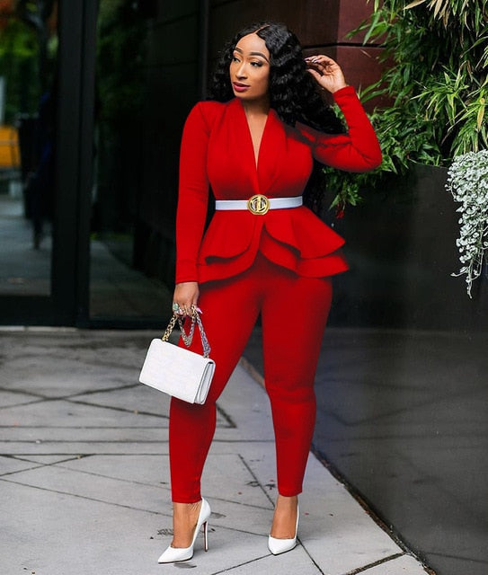 New Women Winter Women's Set Tracksuit Full Sleeve Ruffles Blazers Pencil Pants Suit Two Piece Set Office Lady Outfits Uniform