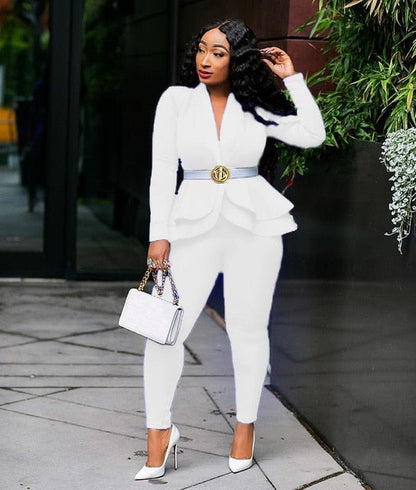 New Women Winter Women's Set Tracksuit Full Sleeve Ruffles Blazers Pencil Pants Suit Two Piece Set Office Lady Outfits Uniform