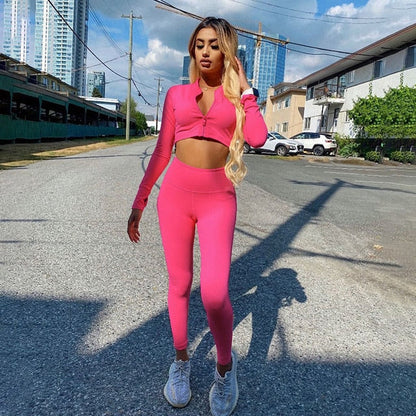 Winter Women 2 Two Piece Set Long Sleeve Crop Tops Tshirt Leggings Pants Set Bodycon Sport Fitness Tracksuit