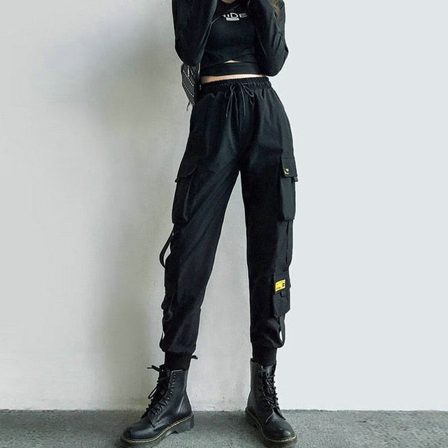 flowersverse Streetwear Cargo Pants Women Casual Joggers Black High Waist Loose Female Trousers Korean Style Ribbon Ladies Pants Dropshipping