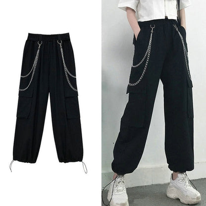 flowersverse Streetwear Cargo Pants Women Casual Joggers Black High Waist Loose Female Trousers Korean Style Ribbon Ladies Pants Dropshipping