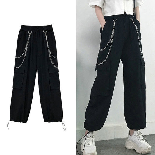 flowersverse Streetwear Cargo Pants Women Casual Joggers Black High Waist Loose Female Trousers Korean Style Ribbon Ladies Pants Dropshipping