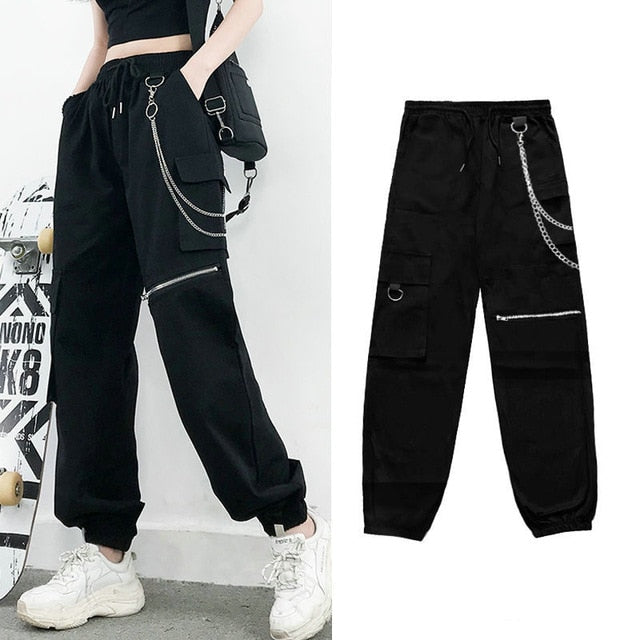 flowersverse Streetwear Cargo Pants Women Casual Joggers Black High Waist Loose Female Trousers Korean Style Ribbon Ladies Pants Dropshipping
