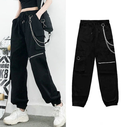 flowersverse Streetwear Cargo Pants Women Casual Joggers Black High Waist Loose Female Trousers Korean Style Ribbon Ladies Pants Dropshipping