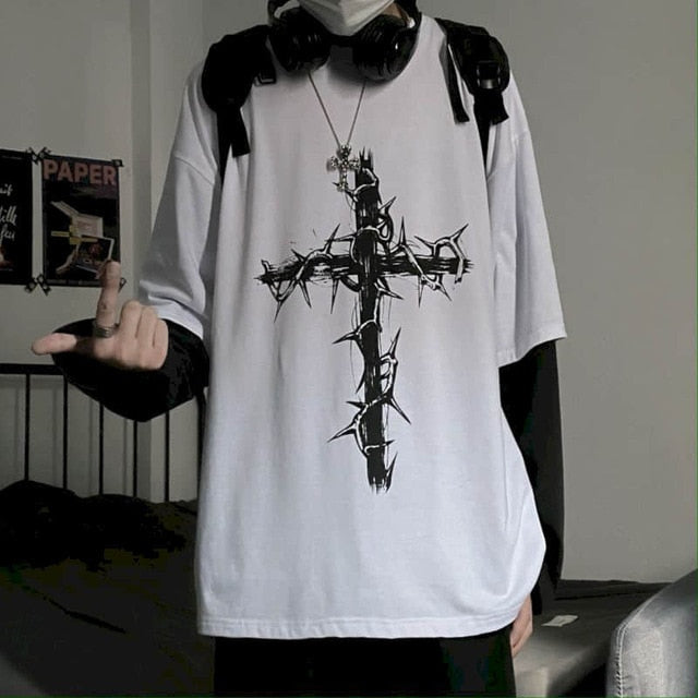 T-shirt Cross of Thorns fake two-piece for men women long-sleeved dark hip-hop loose large size autumn new trend top Simplicity