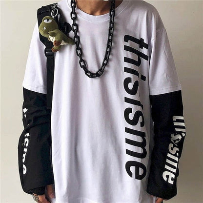 T-shirt Cross of Thorns fake two-piece for men women long-sleeved dark hip-hop loose large size autumn new trend top Simplicity