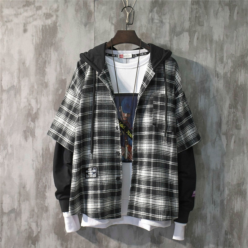 flowersverse New Fashion Autumn Hooded Collar Plaid Stitching Sweatshirt Men Japanese Tide Drawstring Loose Casual Hoodies 9A145