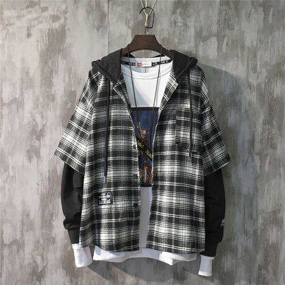 flowersverse New Fashion Autumn Hooded Collar Plaid Stitching Sweatshirt Men Japanese Tide Drawstring Loose Casual Hoodies 9A145