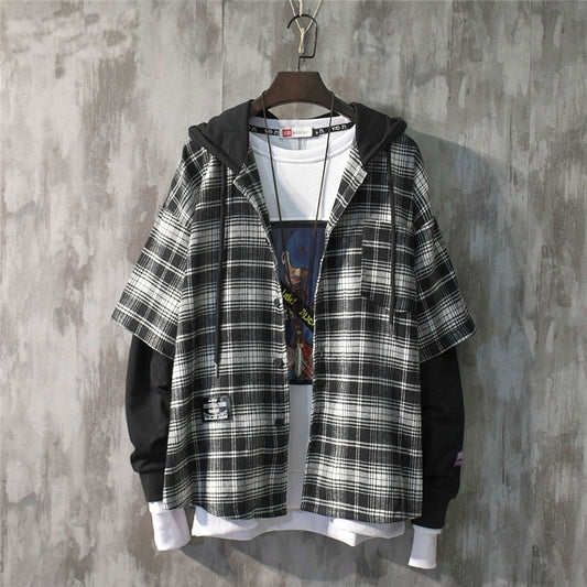 flowersverse New Fashion Autumn Hooded Collar Plaid Stitching Sweatshirt Men Japanese Tide Drawstring Loose Casual Hoodies 9A145