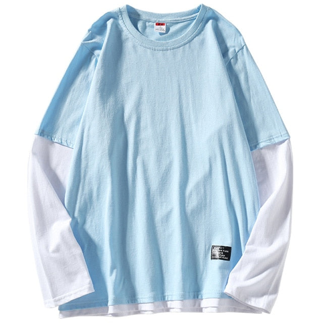 flowersverse High Quality Autumn Spring Fashion Oversize Fake Two Pieces Tshirt Men's Long Sleeve Casual O Neck T-Shirt For Man TOP TEES