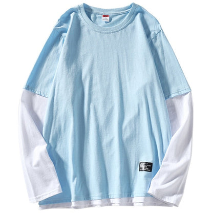 flowersverse High Quality Autumn Spring Fashion Oversize Fake Two Pieces Tshirt Men's Long Sleeve Casual O Neck T-Shirt For Man TOP TEES