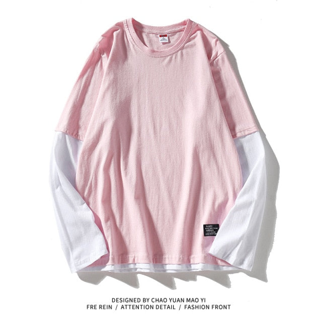 flowersverse High Quality Autumn Spring Fashion Oversize Fake Two Pieces Tshirt Men's Long Sleeve Casual O Neck T-Shirt For Man TOP TEES