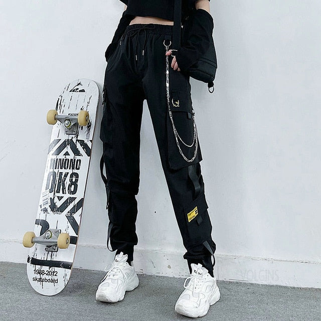 flowersverse Streetwear Cargo Pants Women Casual Joggers Black High Waist Loose Female Trousers Korean Style Ribbon Ladies Pants Dropshipping