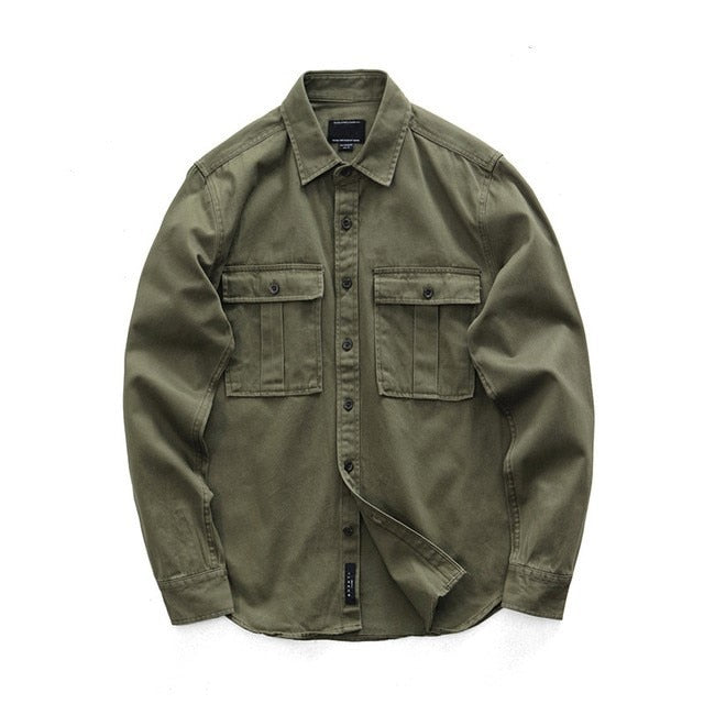 flowersverse Male Cargo Work Shirts New 100% Cotton Military Shirt Men Long Sleeve Casual Dress Ami Kaji American Retro Shirt