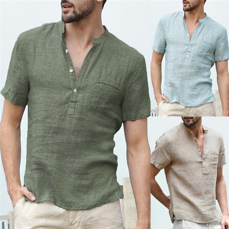flowersverse Men's Flax Linen T-Shirt Casual V-Neck Button Down T-Shirts Slim Fit Cotton Linen Short Sleeve Basic Top Male Breathable