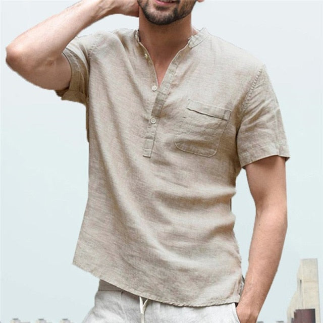 flowersverse Men's Flax Linen T-Shirt Casual V-Neck Button Down T-Shirts Slim Fit Cotton Linen Short Sleeve Basic Top Male Breathable