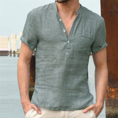 flowersverse Men's Flax Linen T-Shirt Casual V-Neck Button Down T-Shirts Slim Fit Cotton Linen Short Sleeve Basic Top Male Breathable