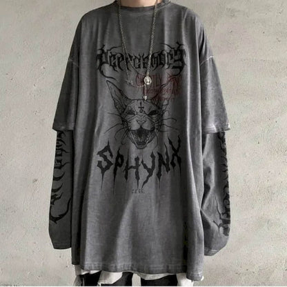 T-shirt Cross of Thorns fake two-piece for men women long-sleeved dark hip-hop loose large size autumn new trend top Simplicity