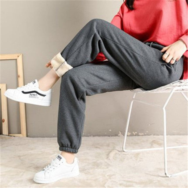 Winter Women Long Pants Thick Plush Fleece Warm Leggings Female Workout Drawstring Elastic Waist Lace-up Loose Sweatpants