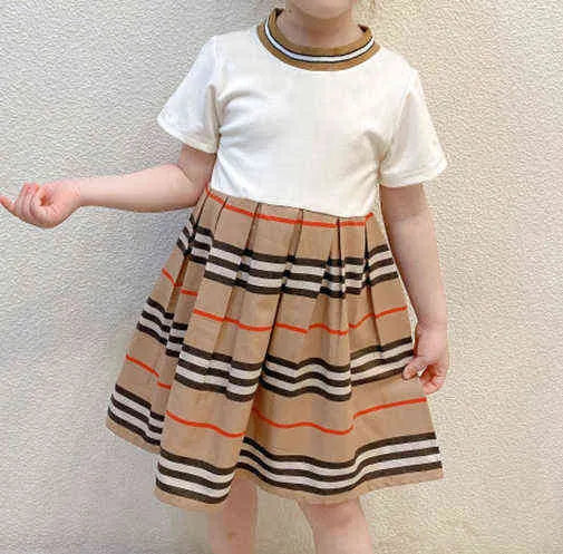 New Summer Fashion England kids girls clothes dress Striped style cotton Ruched Patchwork baby girl princess dress 2-10 years G220426