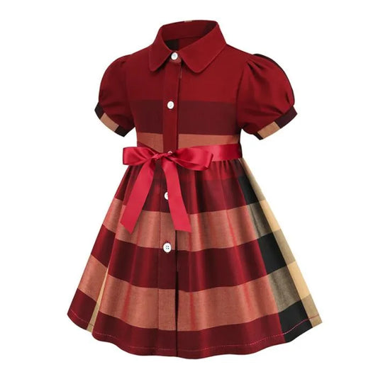Baby Girls Princess Dresses Summer Kids Short Sleeve Shirt Dress Turn-Down Collar Girl Plaid Dresses Children Skirts