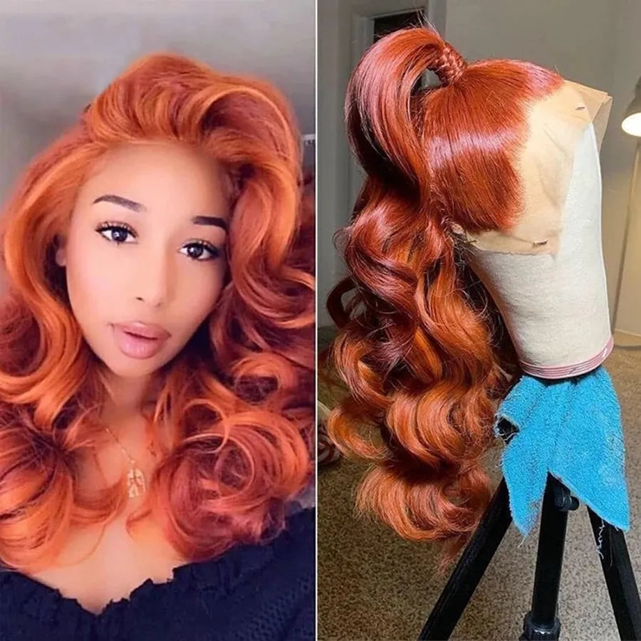 High Temperature Fiber Orange Ginger Color 13x4 Body Wave Lace Front Wigs Pre Plucked Brazilian Wavy 180% Density Glueless Synthetic Wig for Women