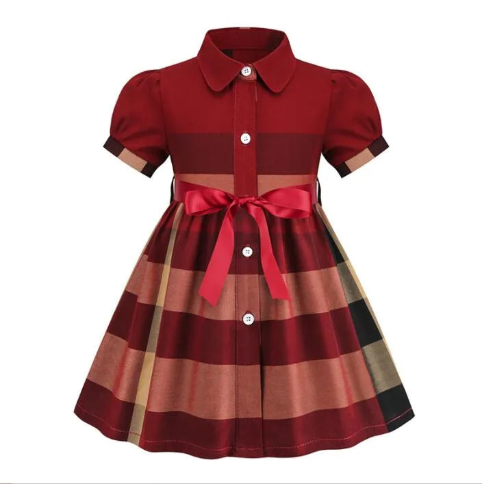 Baby Girls Princess Dresses Summer Kids Short Sleeve Shirt Dress Turn-Down Collar Girl Plaid Dresses Children Skirts