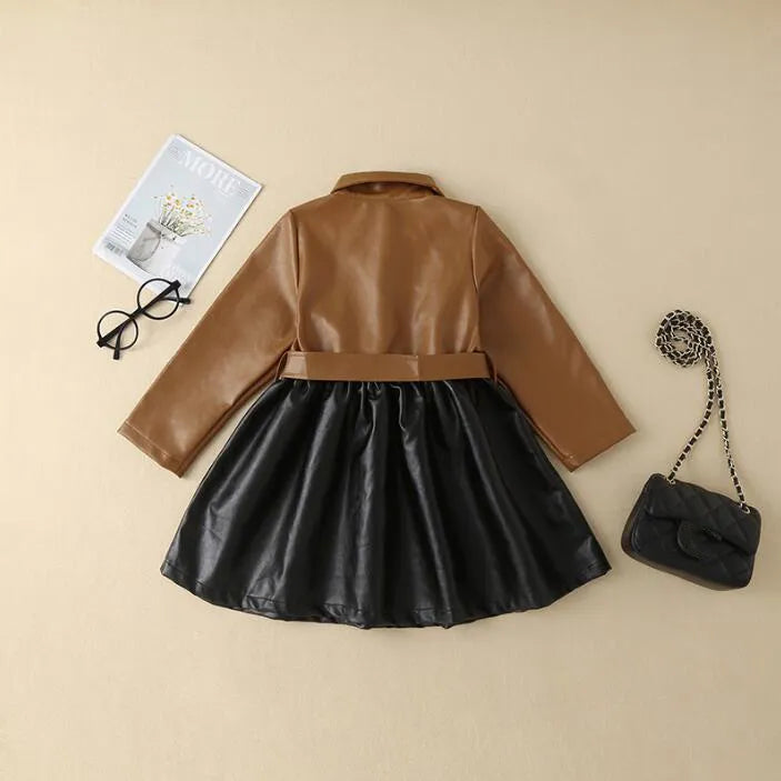 Great Quality Autumn Winter Baby Girls Leather Jacket Dresses Fashion Kids Stitching PU Dress Children Coats Skirts