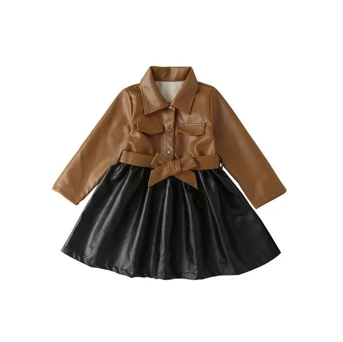 Great Quality Autumn Winter Baby Girls Leather Jacket Dresses Fashion Kids Stitching PU Dress Children Coats Skirts