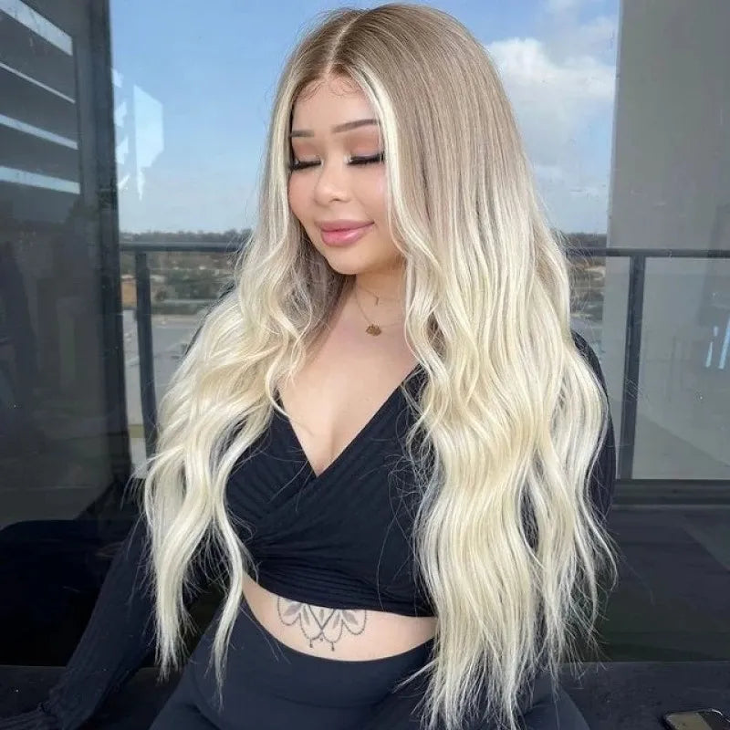 Ombre Ash Platinum Blonde Glueless Women Wigs Wave 1800Density Human Hair 13x6 Transparent Lace Front Wig PrePlucked Middle Part Brazilian Remy full lacewigs 13x4