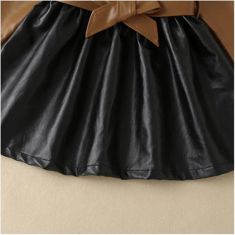 Great Quality Autumn Winter Baby Girls Leather Jacket Dresses Fashion Kids Stitching PU Dress Children Coats Skirts