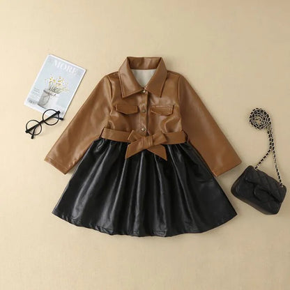 Great Quality Autumn Winter Baby Girls Leather Jacket Dresses Fashion Kids Stitching PU Dress Children Coats Skirts