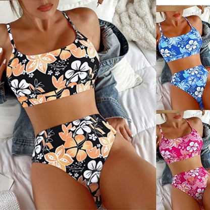 flowersverse Women's Swimwear Bikini Normal Swimsuit 2 Piece Printing Floral Red Blue Orange Bandeau Bathing Suits Sports Summer