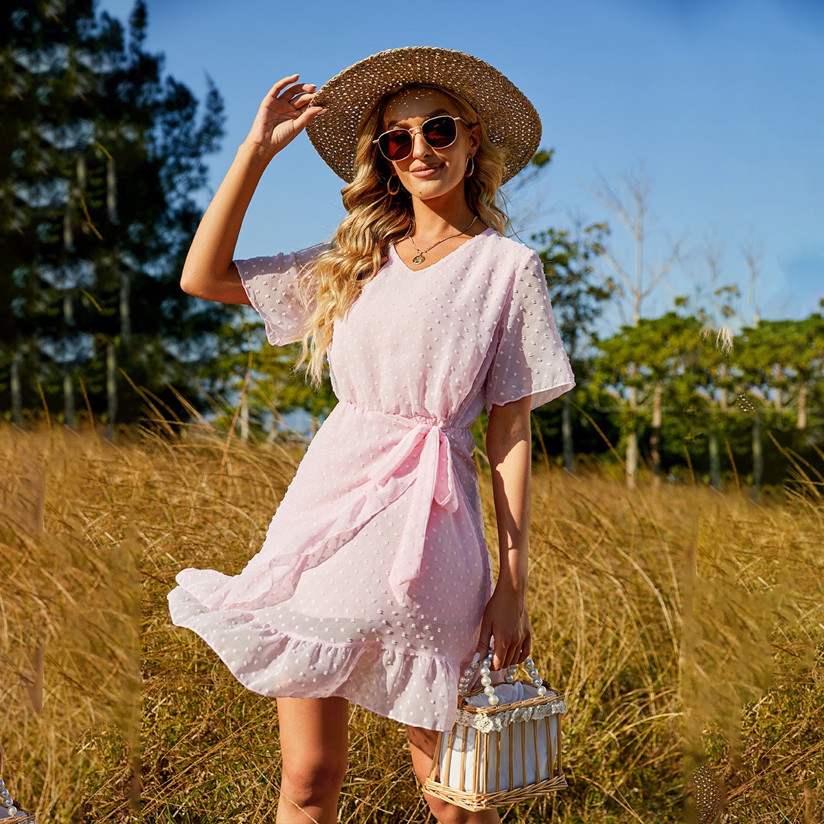 flowersverse Chiffon Waistband Ruffled Skirt White Dresses