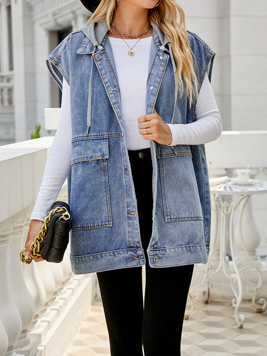 flowersverse Buttoned Detachable Hooded Pockets Split-Joint Loose Sleeveless Lapel Collar Vest Outerwear