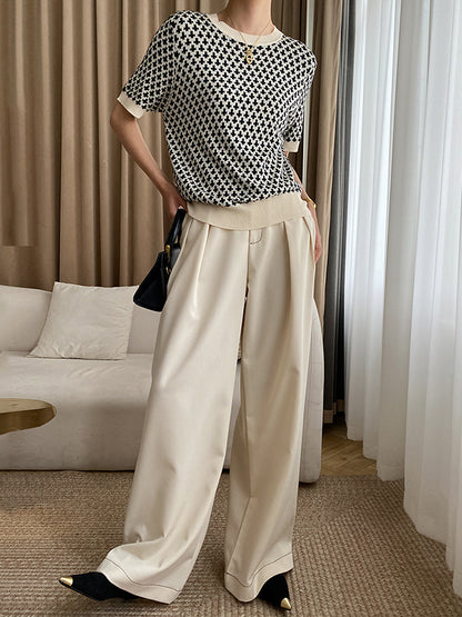 flowersverse Houndstooth Half Sleeves Round-Neck Sweater Tops