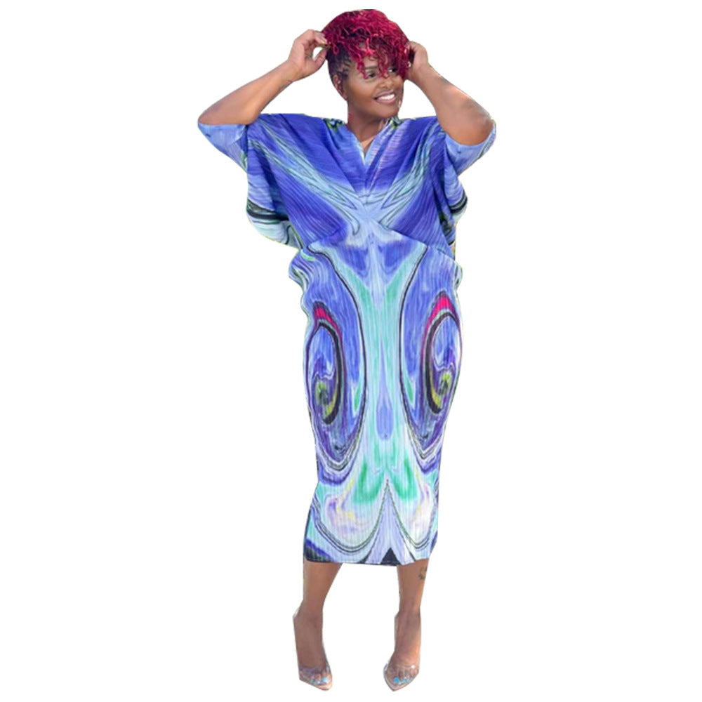 flowersverse Women's Color V-neck Batwing Sleeve Printed Dresses