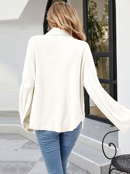 flowersverse Loose Long Sleeves Solid Color High-Neck With Pockets Sweater Tops