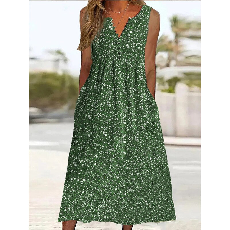 flowersverse Women's Casual Dress Tank Dress Floral Dress Floral Ruched Button V Neck Midi Dress Fashion Modern Outdoor Daily Sleeveless Regular Fit Green Spring Summer S M L XL XXL