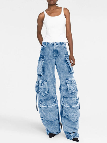 flowersverse Pleated Pockets Split-Joint Streamer Loose Jean Pants Bottoms